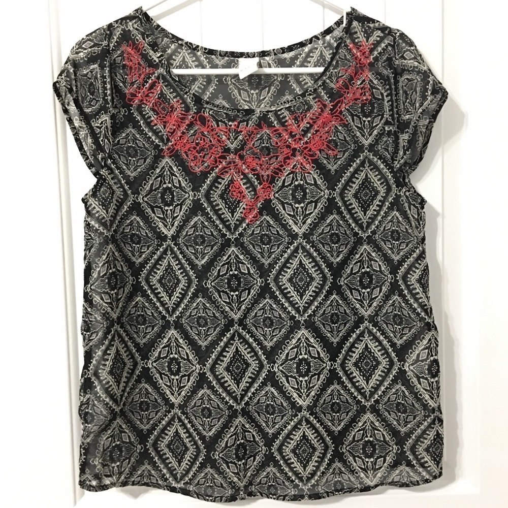 ASOS Embroidered Sheer Black Printed Blouse
